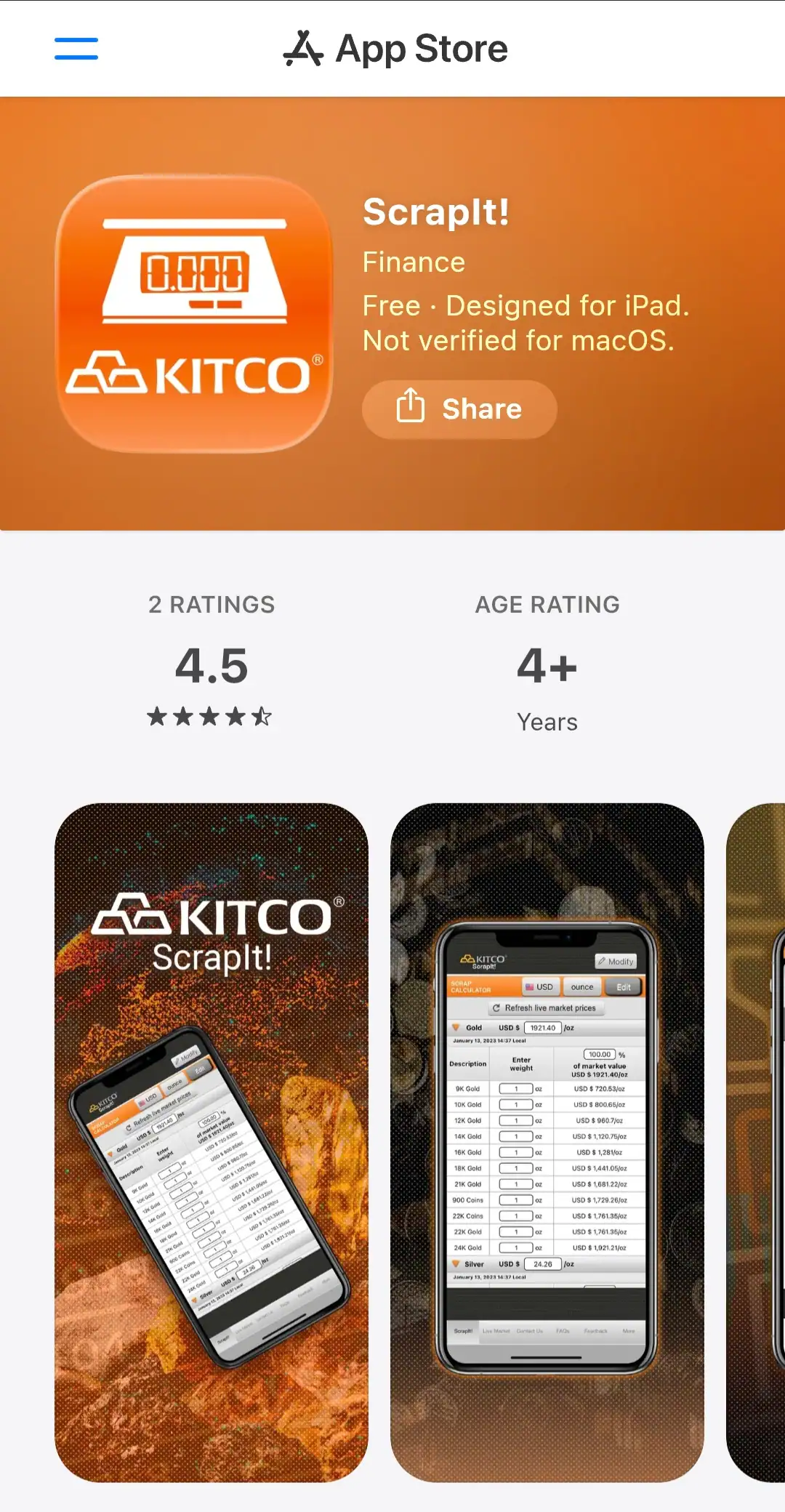 Сторінка ScrapIt! в App Store: іконка Kitco ScrapIt і знімок калькулятора брухту за пробами золота