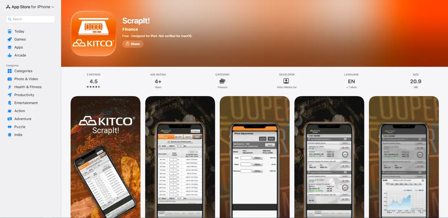 Сторінка ScrapIt! в App Store: знімки калькулятора брухту й коригування цін
